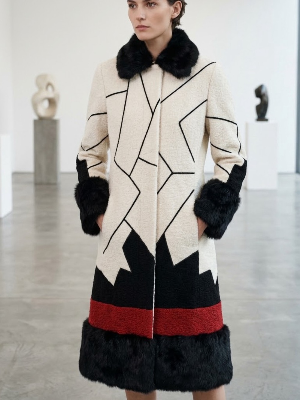 Vintage MaxMara Made in Italy Geometric Wool Coat with Fur Trim size 8 / EU 40